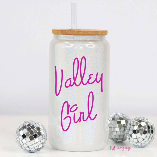 Valley Girl Glitter Glass Cup,  Bamboo Lid, Pink